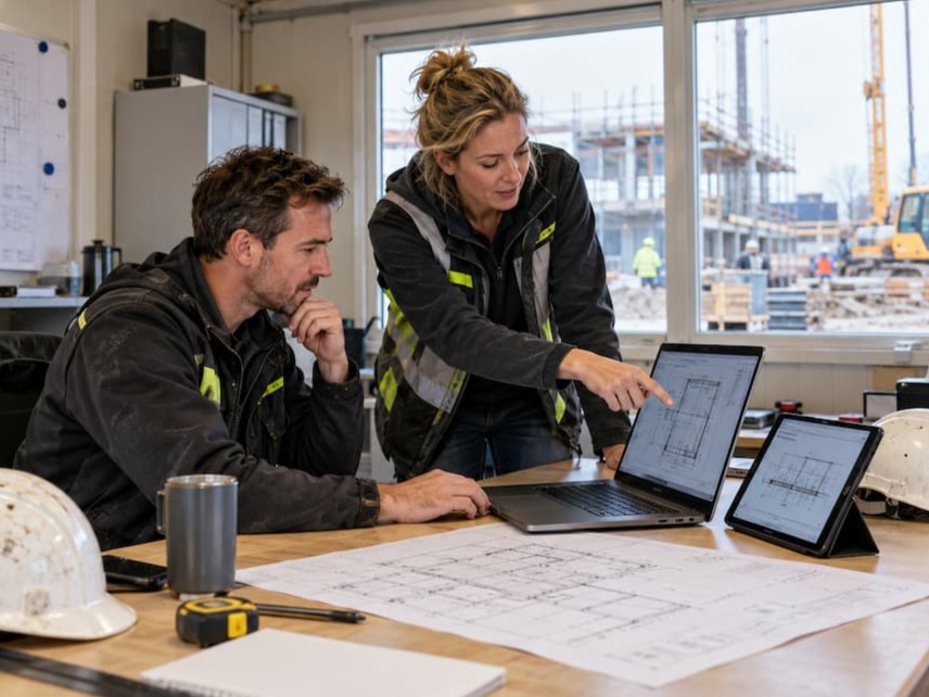 Bouwteam bespreekt digitale bouwtekeningen in de bouwkeet